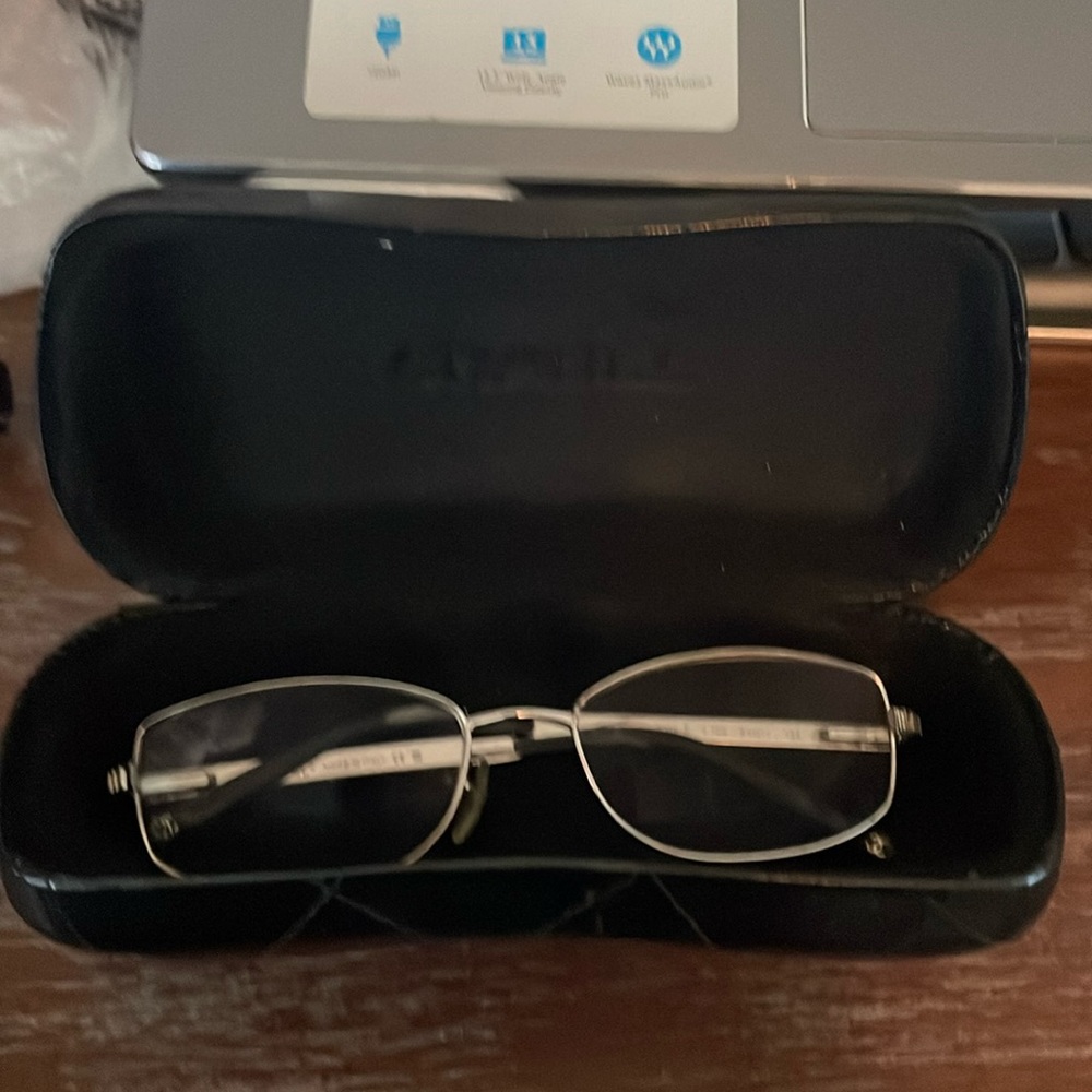 Chanel 2086-B c124 silver metallic full rim eyeglasses with black over ears